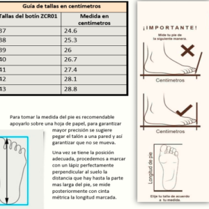 Guía de tallas y medidas en centímetros para botín ZCR01, desde la talla 37 con 24.6 cm hasta la 43 con 28.8 cm, con instrucciones para medir el pie correctamente.